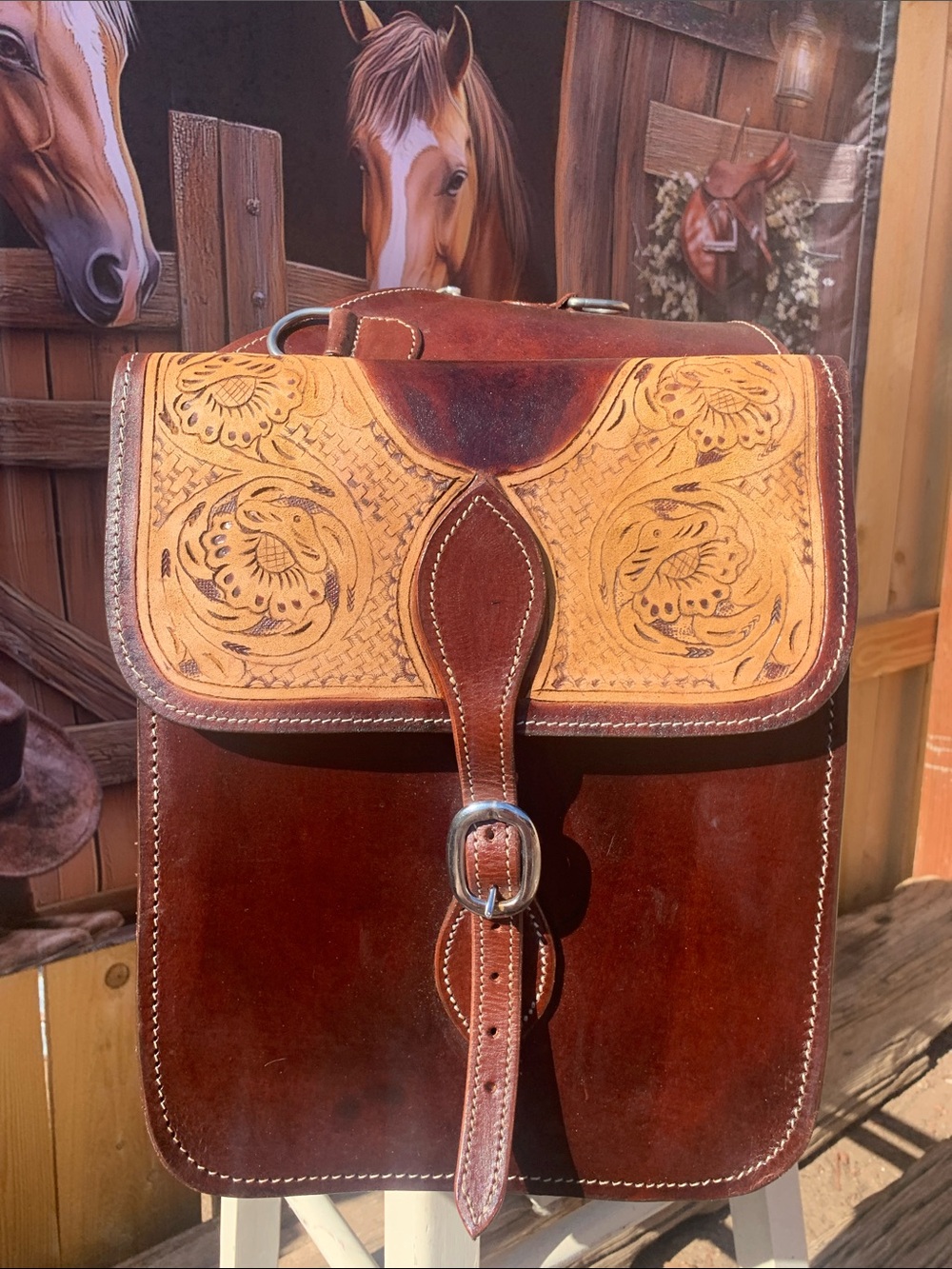 Western Leather Saddle Bags Vintage Style Hand Tooled Brown Classic Horse Tack